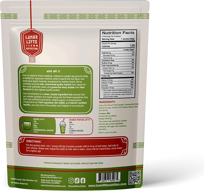 Lunar Lifts Nutrition Matcha Latte - Boba Tea Protein Powder | 26g Whey Protein Isolate Matcha Powder | Ceremonial-Grade Matcha Bubble Tea Protein Powder | No Added Sugar &amp Artificial Ingredients