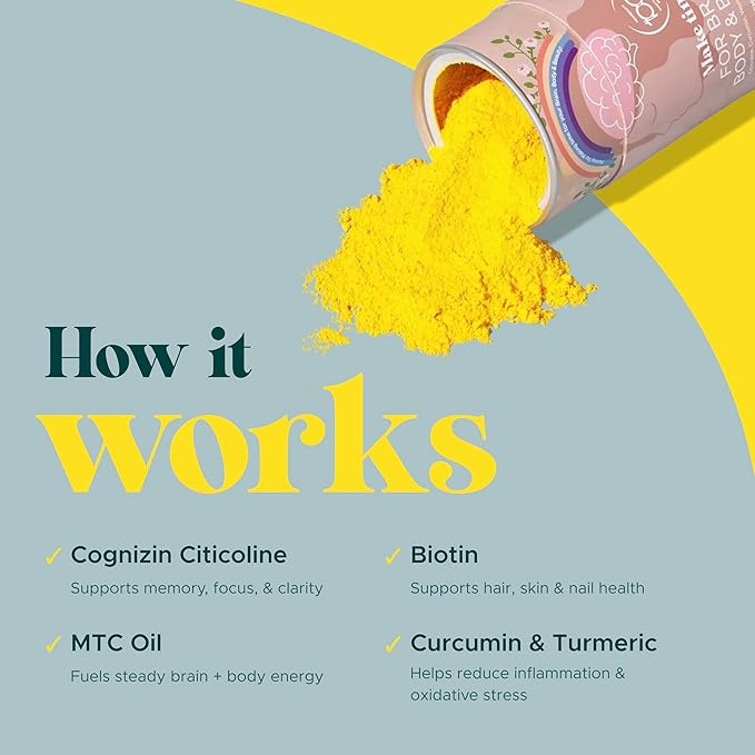 MAKE TIME Brain Health Powder Supplement for Women for Mood Focus &amp Energy Boost | Cognizin Biotin Vitamin B6 B12 MCTs Acetyl-L-carnitine and Curcumin 7.4 oz (30 Servings)