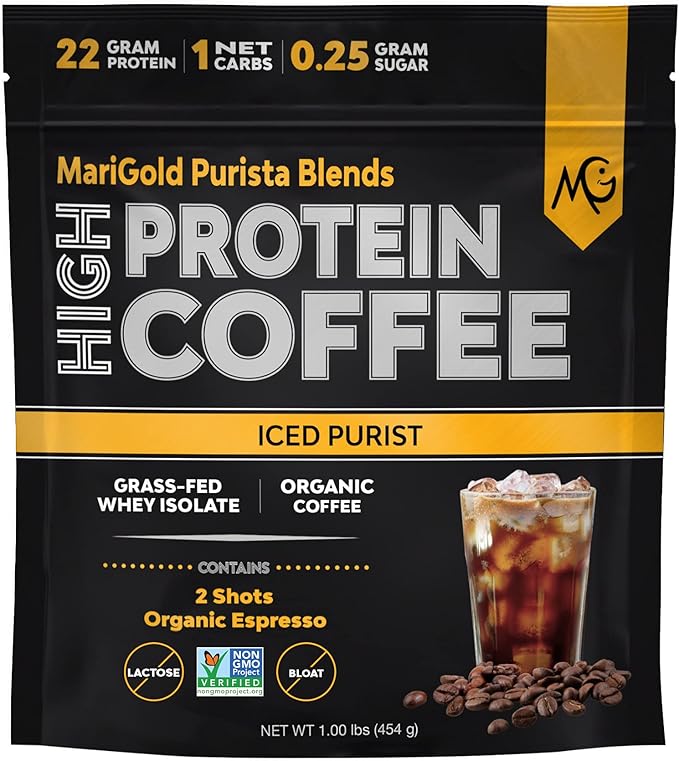 MariGold High Protein Coffee - Iced Purist Flavor | 22g Grass-Fed Whey Isolate Protein 2 Shots Organic Espresso Non-GMO 108 Calories 1 Net Carb | 1 Lb Bag - 15 Servings