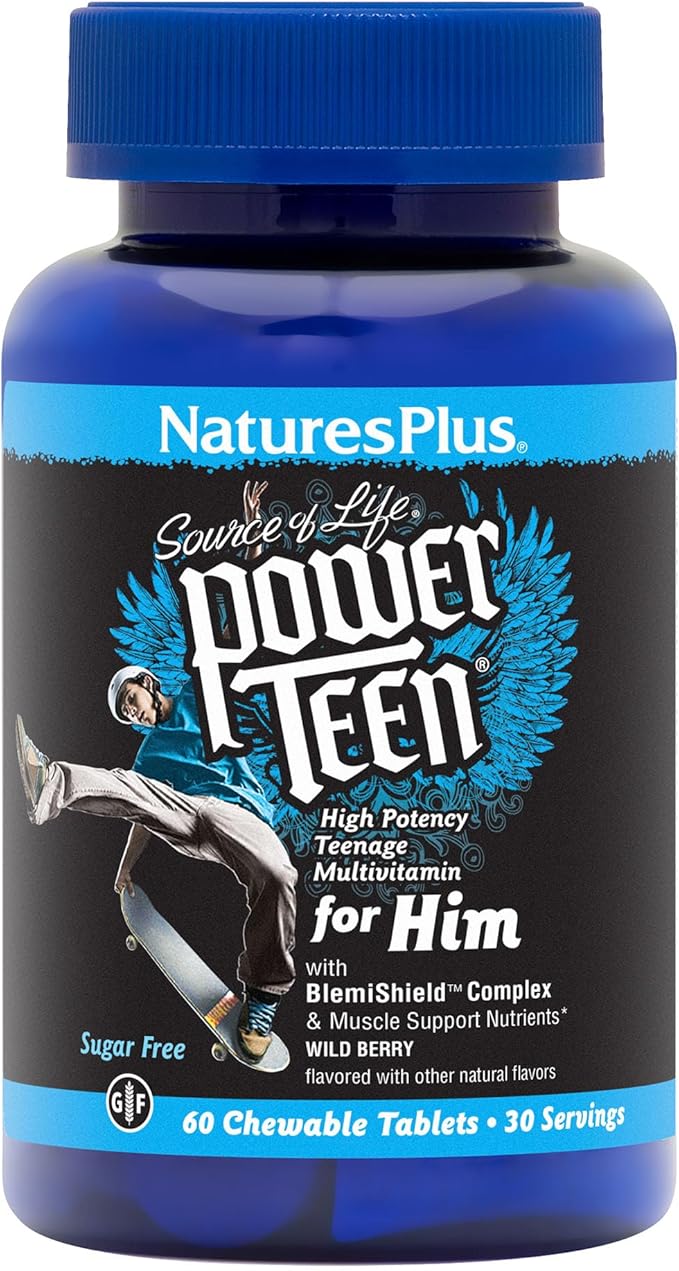 NaturesPlus Power Teen for Him - 60 Chewable Tablets Wild Berry - High-Potency Teenage Multivitamin - Sugar Free Vegetarian Gluten Free - 30 Servings
