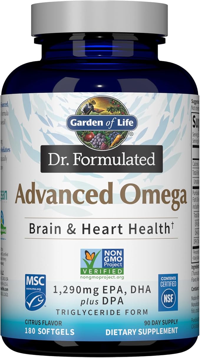 Garden of Life Dr. Formulated Advanced Omega Fish Oil - Lemon 1290mg EPA DHA + DPA in Triglyceride Form Single Source Omega 3 Supplement for Ultimate Brain &amp Heart Health Non-GMO 180 Softgel