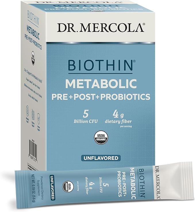 Dr. Mercola Biothin Metabolic Pre + Post + Probiotics Unflavored 30 Servings (30 Packets) Dietary Supplement 5 Billion CFU 4 g Dietary Fiber Certified USDA Organic Non-GMO