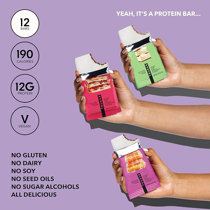 TRUBAR Vegan Protein Bar Variety Pack Assorted Flavors Donuts PB &amp Jelly Key Lime Gluten Free Vegan Protein Snacks 12G Plant-Based Protein High Fiber Healthy Protein Bars 12 CT