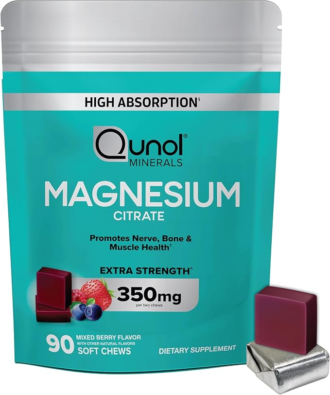 Qunol Magnesium Citrate Soft Chews 350mg Extra Strength Magnesium Supplement High Absorption to Support Nerve Bone and Muscle Health 90 Count