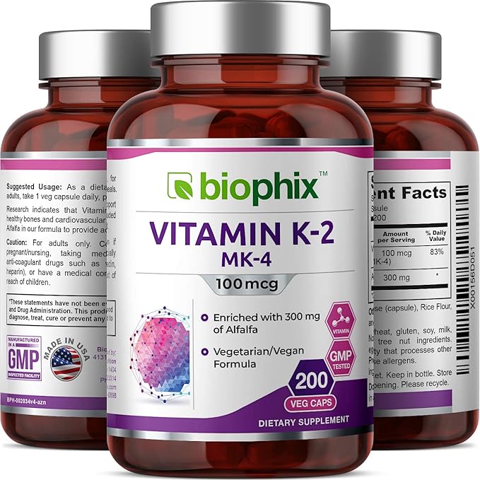 biophix Vitamin K2 MK-4-100 mcg 200 Caps with Alfalfa - Supports Strong Bones Immune Health