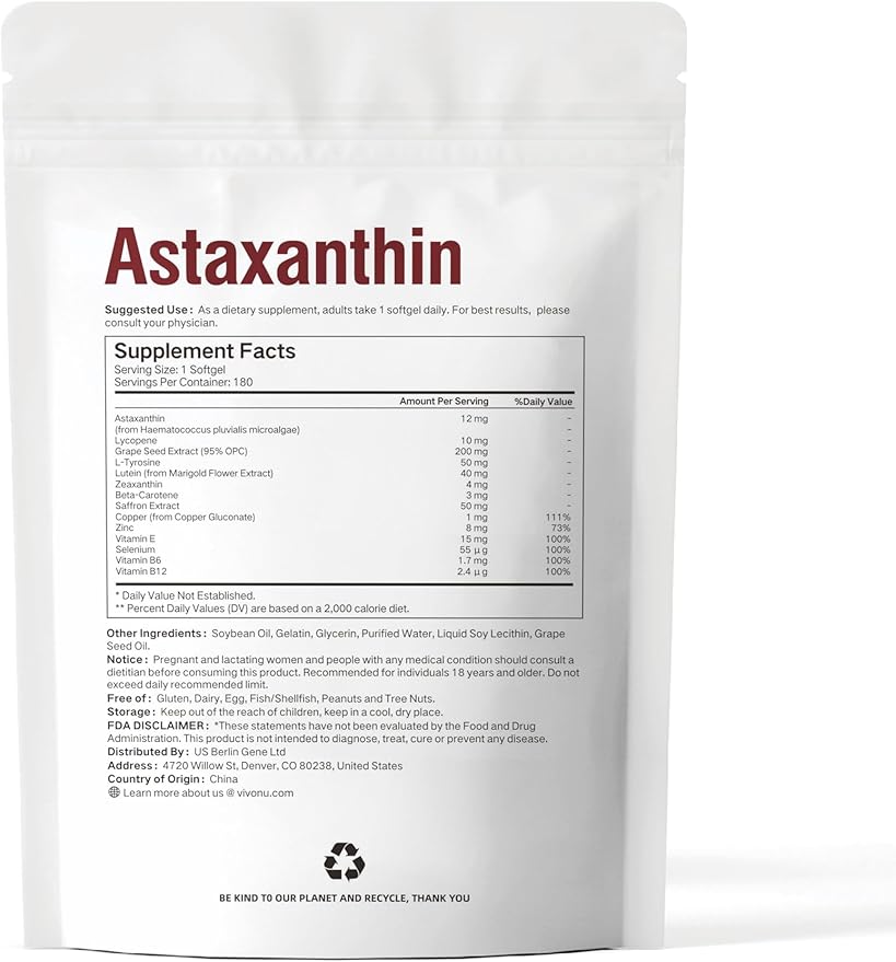 14-in-1 Astaxanthin 12mg &amp Lutein 40mg with Zeaxanthin Supplements 12 Month Supply Fresh Microalgae Source Supports Eye Skin Antioxidant Joint Circulatory Health Non-GMO Gluten Free 2 Ba