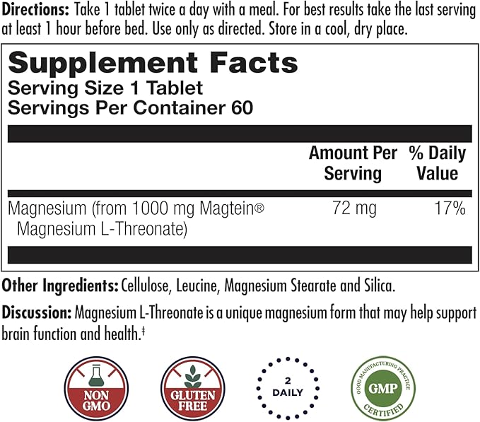 KAL Think Magnesium L-Threonate 2000 mg | Learning Brain Health &amp Memory Function Support w/Magtein | Vegan No Gluten &amp Non-GMO | 60 Tablets