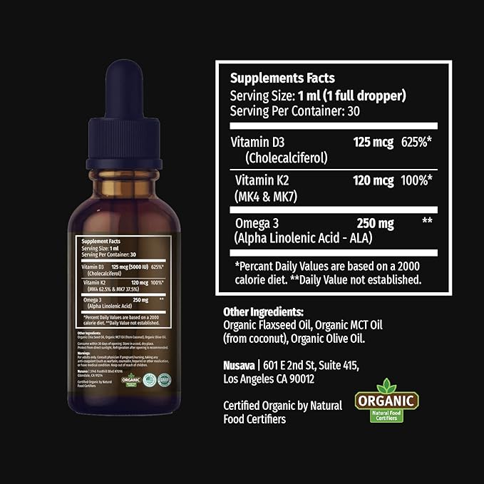 NUSAVA Unflavored Strawberry Flavored &amp Vanilla Flavored D3 K2 Liquid Drops Bundle - Potent Liquid Vitamins for Heart Joint Bone Muscle &amp Immune Support - Non-GMO Gluten-Free 2pk Each