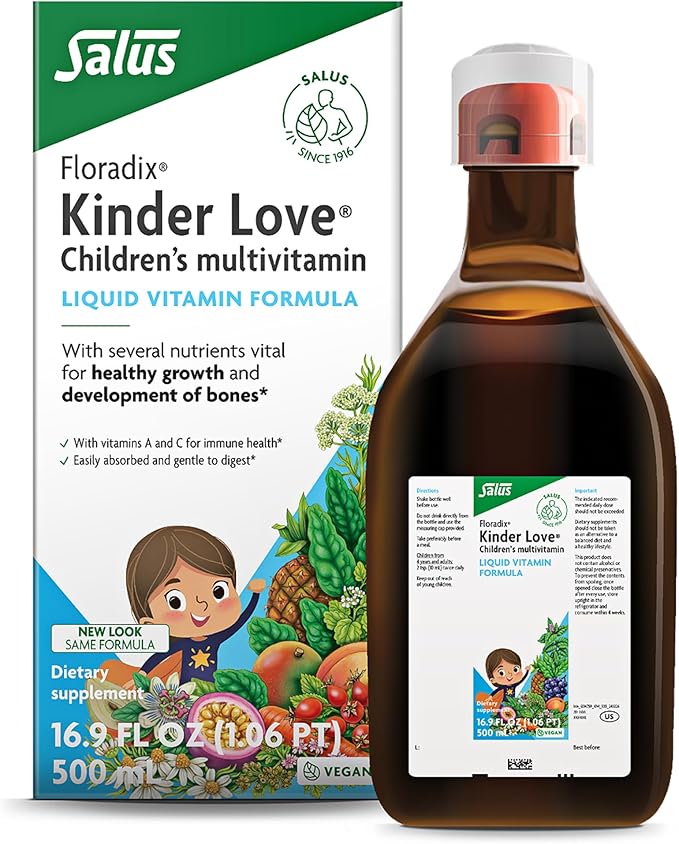 Floradix Kinder Love Children's Multivitamin - Herbal Supplement - Liquid Multivitamin for Kids - Vitamins A C D &amp E Calcium &amp More - Vegetarian Non-GMO Gluten-Free - 16.9 fl oz