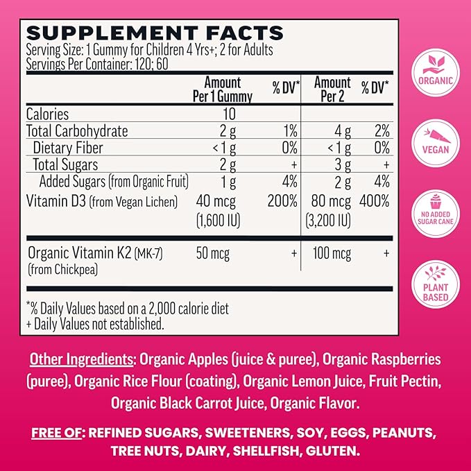 Llama Naturals Vitamin D3 K2 Gummies for Adults and Kids Vegan Organic Vitamin D Gummies Real Fruit Gummy Vitamins No Added Sugar Cane Raspberry 120 Ct