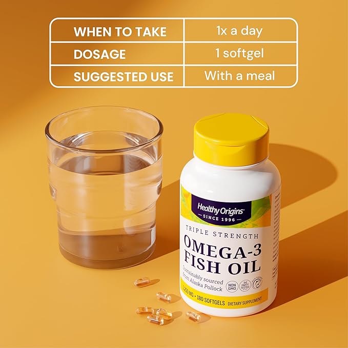 Healthy Origins Triple Strength Omega 3 Fish Oil 1250mg from Wild Alaska Pollock with DHA EPA &amp Omega 3s Gluten-Free Non-GMO 180 Softgels