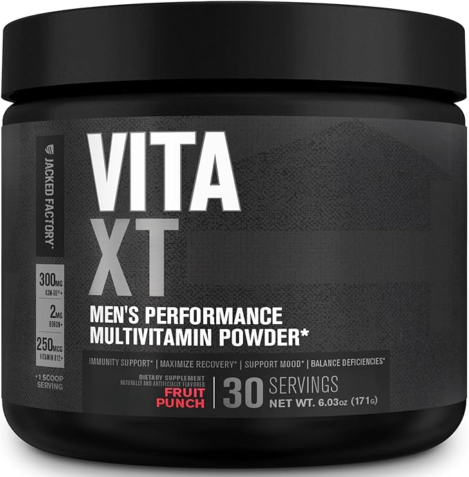 Jacked Factory Vita XT Performance Vitamin Powder - Daily Multivitamin Powder for Men with KSM-66 Ashwagandha Prebiotic Fiber Vitamin A C D K B6 B12 &amp More - Fruit Punch 30Sv