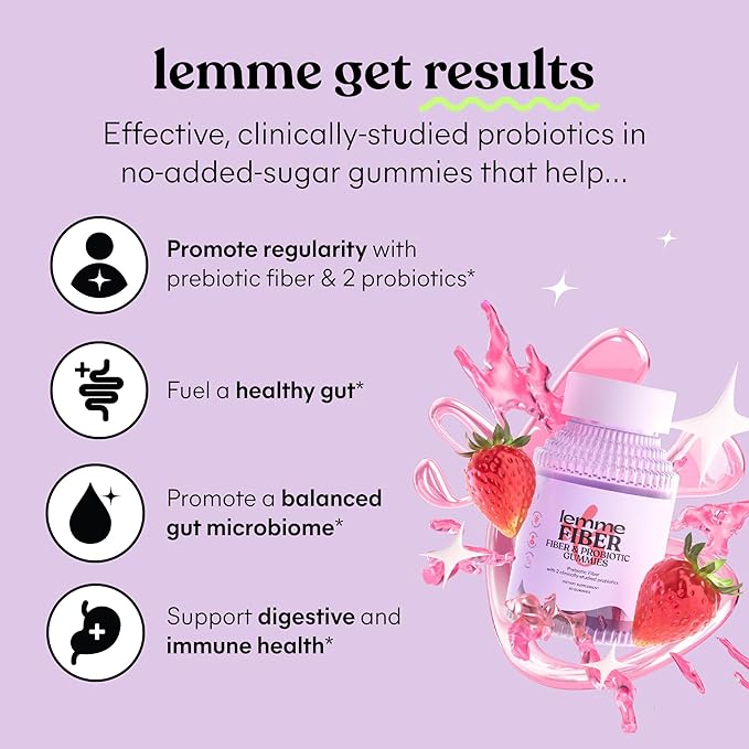 Lemme Fiber &amp Probiotic Gummies for Adults Promotes Regularity &amp Digestive Health No Sugar Added Strawberry Flavor 4g Prebiotic Fiber &amp Clinically Studied Probiotic Strains (60 Count)