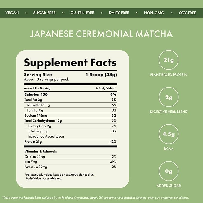 cosmix No Nonsense Plant Protein Organic Brown Rice &amp Pea Isolate Easy Digestion 24G Protein/Serving Gluten &amp Lactose Free Japanese Ceremonial Matcha 500 G (Pack of 1)