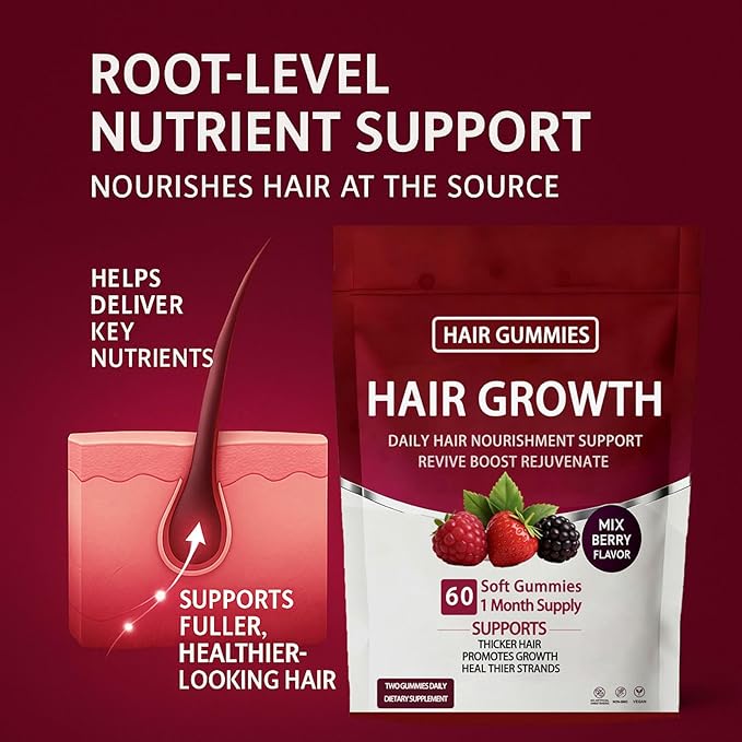 Lumin Hair Growth Gummies – Daily Hair Nourishment with Biotin Collagen &amp Botanical Extracts – Supports Thicker Stronger &amp Healthier-Looking Hair – Mixed Berry Flavor 60 Gummies (1)