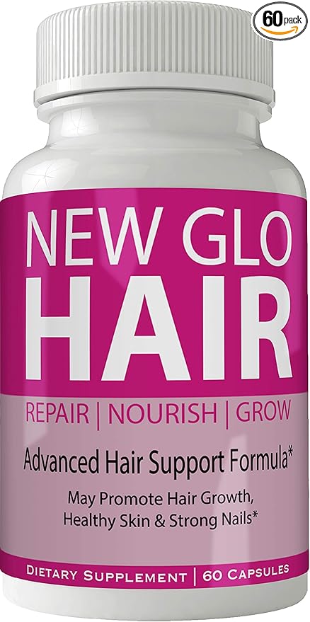 New Glo Hair Skin and Nails Supplement - Advanced Unique Hair Growth Vitamins and Minerals with Biotin - Gluten Free 60 Capsules - Hair Lash Skin and Nails Extra Strength Formula Growth Booster