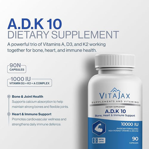 ADK 10 - Vitamin ADK Supplement 180 Capsules - High Potency Vitamin A D3(10000 IU) K2 as MK-7 for Bone Heart &amp Calcium Absorption – Non-GMO Gluten Free (6 Month Supply) 2 Pack