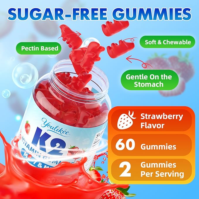 2 Pack Sugar-Free Vitamin K2 Gummies Dual Formula Vitamin K2 Supplement with MK-7 &amp MK-4 Supports Bone Health Gluten-Free Non-GMO Sugar-Free Strawberry Flavor 120 Gummies