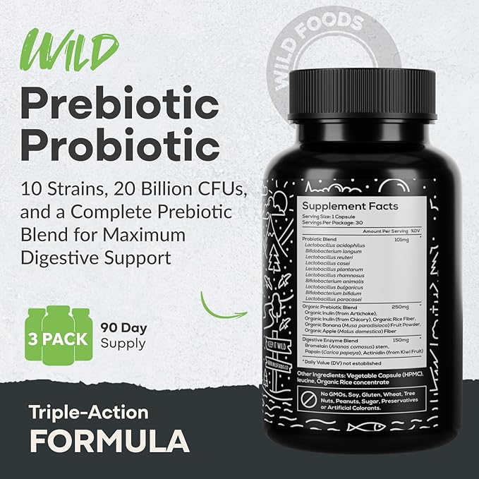 Wild Prebiotics and Probiotics with Digestive Enzymes | 20 Billion CFU - 10 Strains for Women &amp Men | Support Gut Health &amp Digestion Supplements | Non-GMO Prebiotic Fiber | 30 Capsules