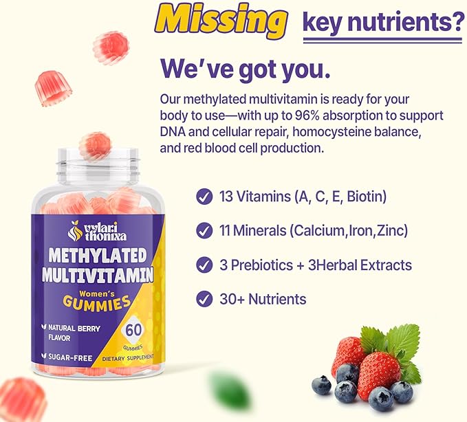 33-in-1 Methylated Multivitamin Gummies for Women – MTHFR Supplement Contains Methylated B Complex B12 (Methylcobalamin) Folate (5-MTHF) TMG and Vitamins A C E &amp K – 2 Pack