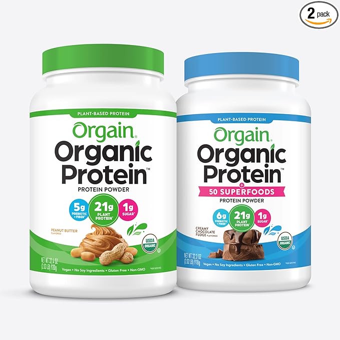 Orgain Organic Protein + Superfoods Powder Creamy Chocolate Fudge (2.02 Lb) and Orgain Organic Vegan Protein Powder Peanut Butter (2.03 Lb)