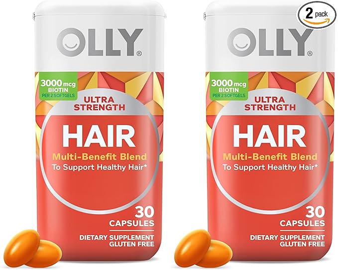 OLLY Ultra Strength Hair SoftgelsSupports Hair HealthBiotinKeratinVitamin DB12Hair-Supplement30 Day Supply - (Packaging May Vary)30 Count (Pack of 2)