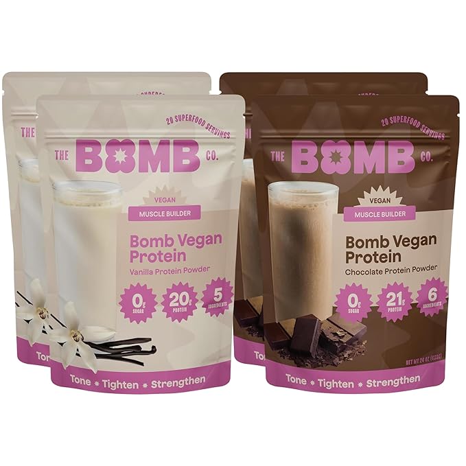 Blender Bombs The Bomb Co. Bomb Plant Protein Chocolate &amp Vanilla Protein Powder with 21g Protein Amino Acids Zero Sugar Pea Protein Cocoa Chia Seeds Vanilla &amp Monk Fruit 60 Srvgs