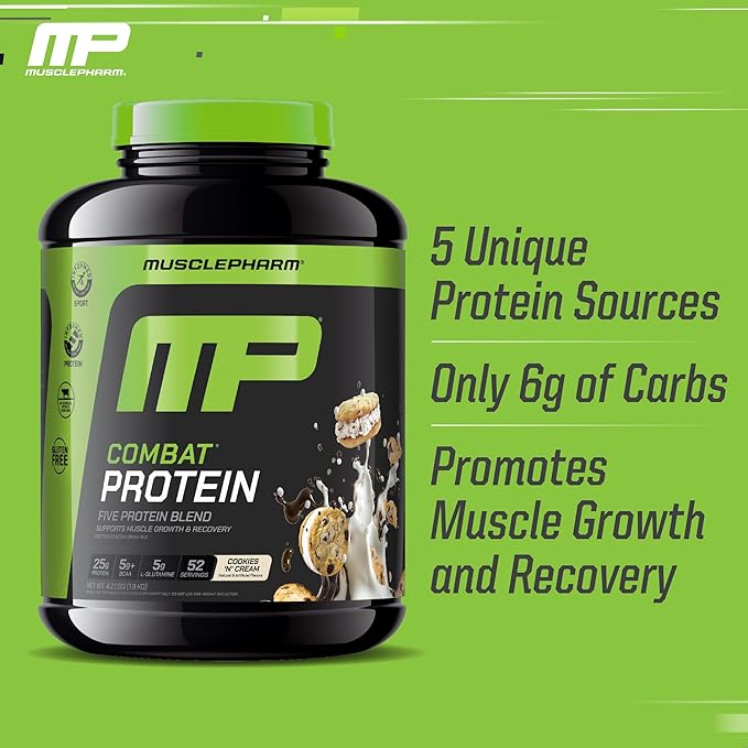 MusclePharm Combat Protein Powder Cookies ‘N’ Cream Flavor Fuels Muscles for Productive Workouts 5 Protein Sources including Whey Protein Isolate &amp Egg Albumin Gluten Free 4 lb 52 Servings