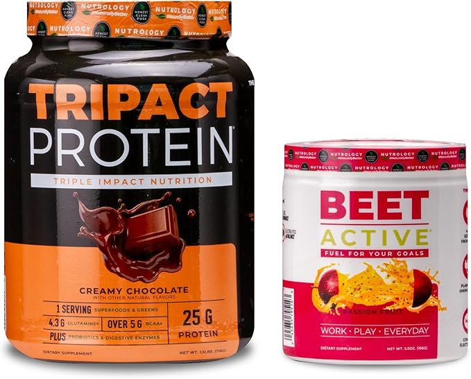 Nutrology TRIPACT Protein Powder 7-in-1 Meal Replacement Shake Creamy Chocolate Flavor (20 Servings) Beet Active Natural Pre-Workout Powder Passion Fruit Flavor (30 Servings)