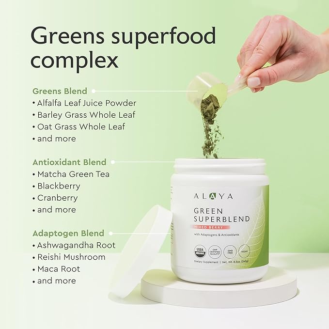 Alaya Organic Super Greens Powder – Superfood Blend with Spirulina Chlorella Probiotics Digestive Enzymes Adaptogens &amp Fiber – Vegan USDA Organic Non-GMO 30 Servings Mixed Berry