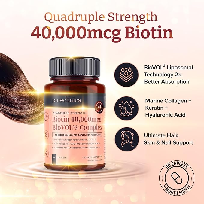 400% Strength Biotin 40000mcg x 90 Caplets – BioVOL²® Liposomal Biotin Complex | with Marine Collagen Keratin Vitamin C &amp More | 3 Months Supply