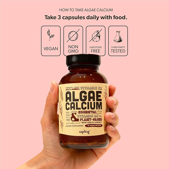 sapling Calcium Supplement - Whole Food with Vitamin K2 &amp D3 Magnesium Zinc Boron Mineral Complex. Sourced Sustainably from Red Algae. for Bone Strength and Support. Non-GMO &amp Vegan 90 Cap