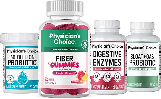 Physician's CHOICE Daily Bundle: 60 Billion Probiotic + Bloat &amp Gas Probiotic + Fiber Gummies + Digestive Enzymes