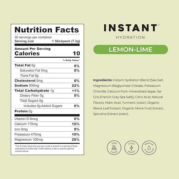 Instant Hydration Electrolytes Powder Packets - Lemon Lime Drink Mix - Zero Sugar - Keto Vegan Gluten-Free Non-GMO - Boost Recovery Brain Health Muscle &amp Tissue Support- 30 Sticks