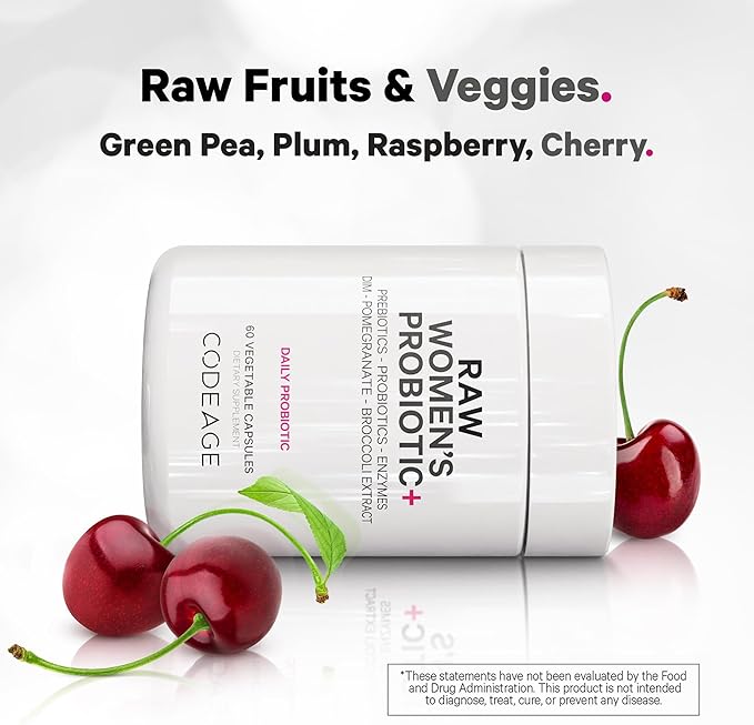 Codeage Raw Women’s Probiotic+ Supplement - 34 Probiotic Strains 100 Billion CFUs Digestive Enzymes Prebiotic Blend DIM Herbal Extracts Phytonutrients - Non-GMO - 30 Capsules