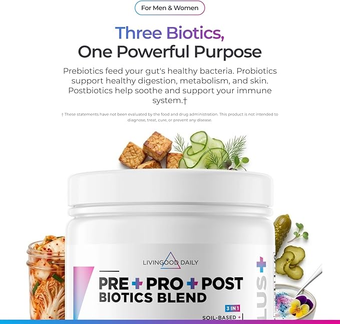 Livingood Daily Pre Pro Post Biotics Blend Powder Digestive Health Supplement with Prebiotics from Organic Blue Agave Inulin SBO Probiotics Probiotics for Women &amp Men Non GMO Vegan 30 Servin