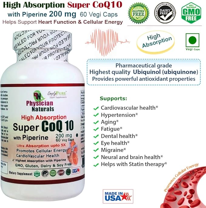 Super Coq 10 Co-Enzyme with Piperine 200 mg 60 Veggie.caps 5X Absorption Heart Cellular Health and Boost Energy