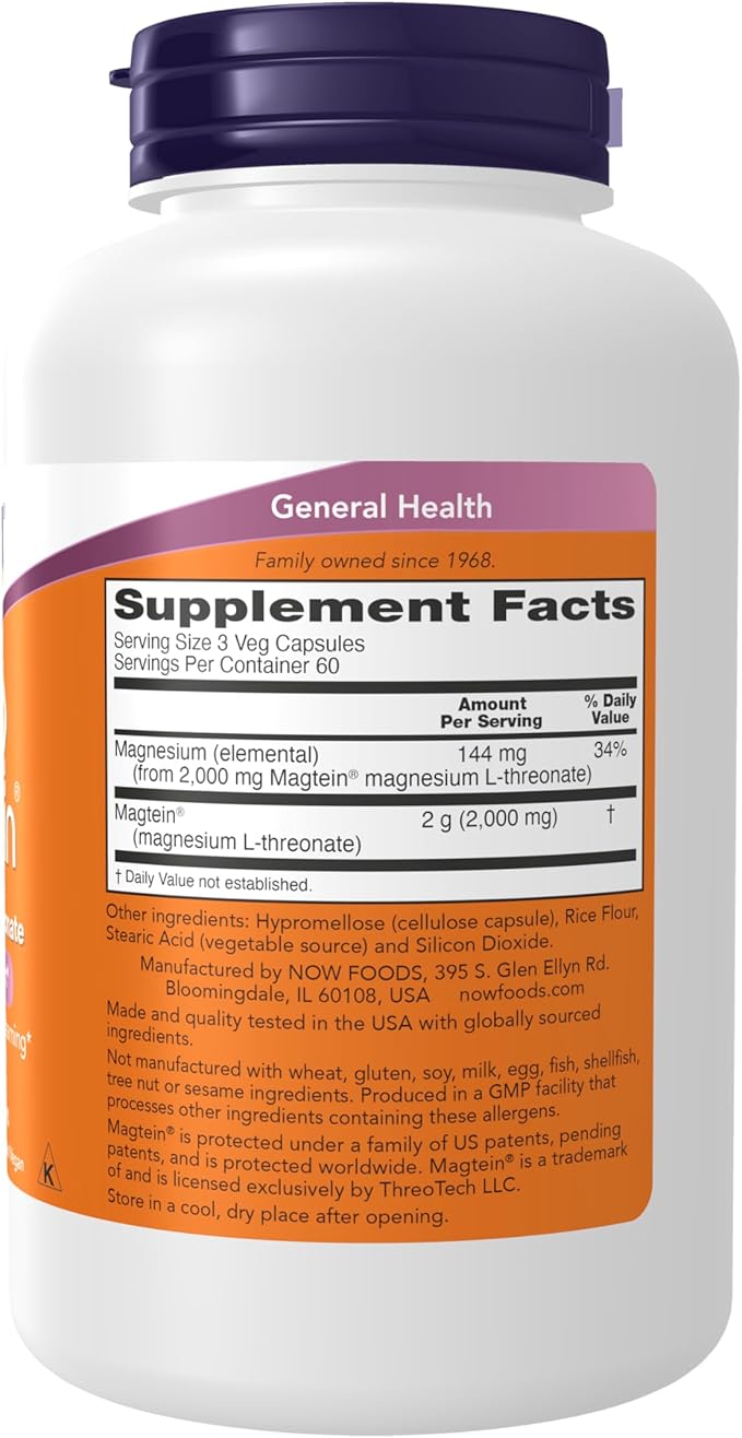 Now Foods Supplements Magtein Magnesium L-Threonate Cognitive Support* 180 Veg Capsules
