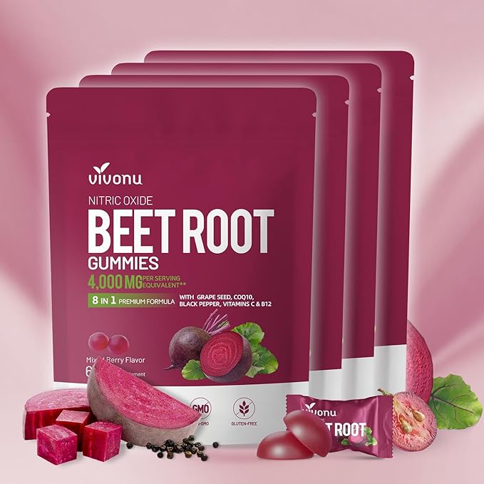VivoNu Beet Root Gummies 8-in-1 Premium Energy Supplement with CoQ10 Beetroot Extract Grape Seed Extract Black Pepper Extract Vitamins C &amp B12 L-Arginine &amp L-Citrulline
