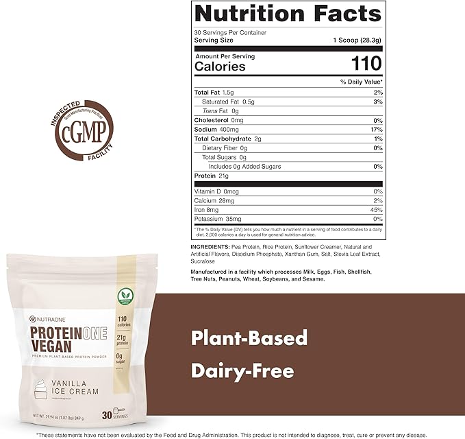 NutraOne ProteinOne Vegan Plant-Based Protein Powder Vegan Protein Powder Dairy-Free Pea and Rice Protein (Vanilla Ice Cream)