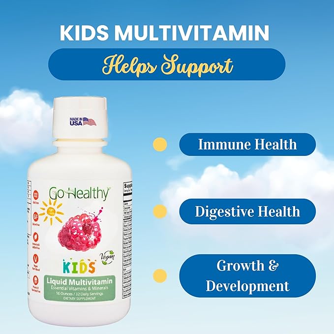 Go Healthy Kids Liquid Multivitamin Immune Support Kid Liquid Multivitamins High Absorption Vegan Vitamins Kids Vitamins Multivitamin Raspberry Flavor - 30-60 Servings