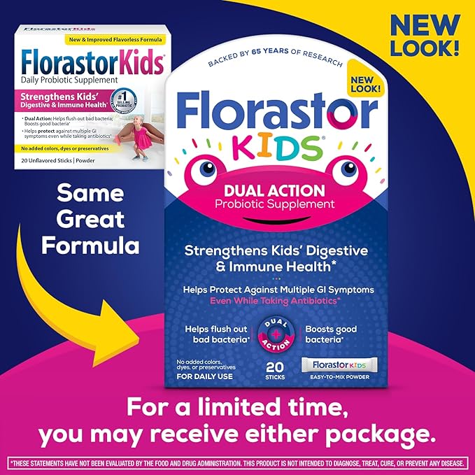 Florastor Family Probiotic Bundle - 100 ct. Probiotic for Digestive &amp Immune Health for Men &amp Women + 20 ct. Kids Daily Probiotic Unflavored Powder Sticks - Boost Good Bacteria &amp Flush Ou