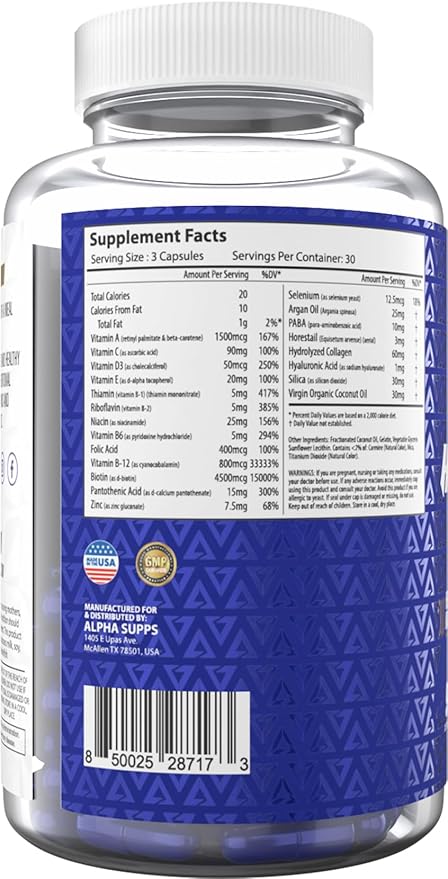 Alpha Supps Hair Skin and Nails Supplement for Women - Vibrant HSN Health and Strength with Biotin Collagen and Vitamins to Support Hair Growth Thickness and Skin Radiance - 90 Capsules