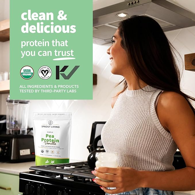 Sprout Living Organic Pea Protein Powder Vanilla Flavor 20 Grams of Plant Based Organic Protein Powder Without Sweeteners Non Dairy Non-GMO Dairy Free Vegan Gluten Free (1 Pound 15 Servings)