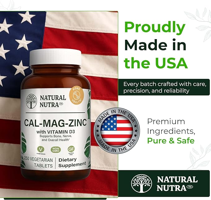 Natural Nutra Calcium Magnesium Zinc with Vitamin D3 - CMZ Supplement | Bone Strength Immune Support Muscle &amp Nerve Health - Cal-Mag Zinc Supplement - Gluten Free - Digestion Support - 250 Table
