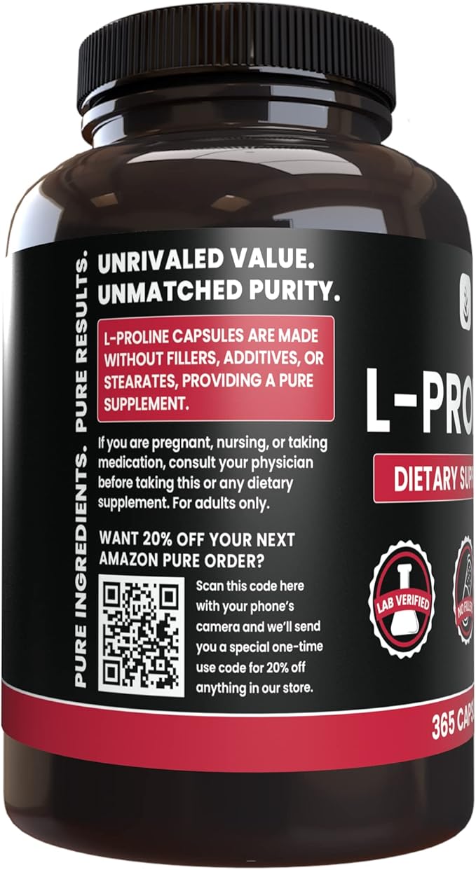 PURE ORIGINAL INGREDIENTS L-Proline (365 Capsules) No Magnesium Or Rice Fillers Always Pure Lab Verified