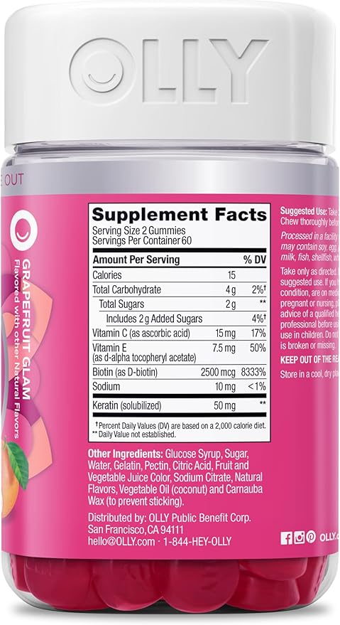 OLLY Undeniable Beauty Gummy for Healthy Hair Skin &amp Nails* Biotin Vitamins C &amp E Keratin Chewable Supplement Grapefruit Flavored 60 Day Supply - 120 Count