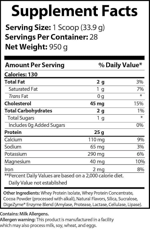 Conquistador Premium Whey Protein Powder – Chocolate Milkshake Flavor 25 gm Digestive Enzyme Blend 5.1g BCAA’s 0g Added Sugar Supports Muscle Recovery - 28 Servings