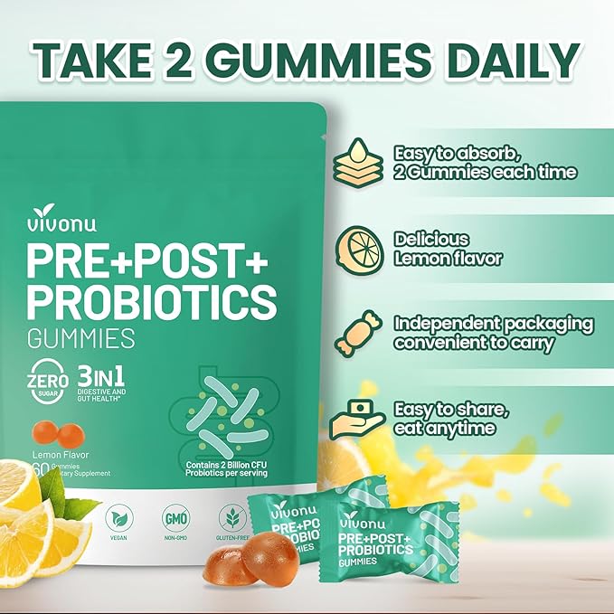 VivoNu Probiotics for Digestive Health Gummies 3 in 1 Intestinal Digestion Contains 2 Billion CFU Probiotic Zinc Magnesium and Vitamin D3 Men's Probiotics for Women Non GMO (180Gummy/3Pack)