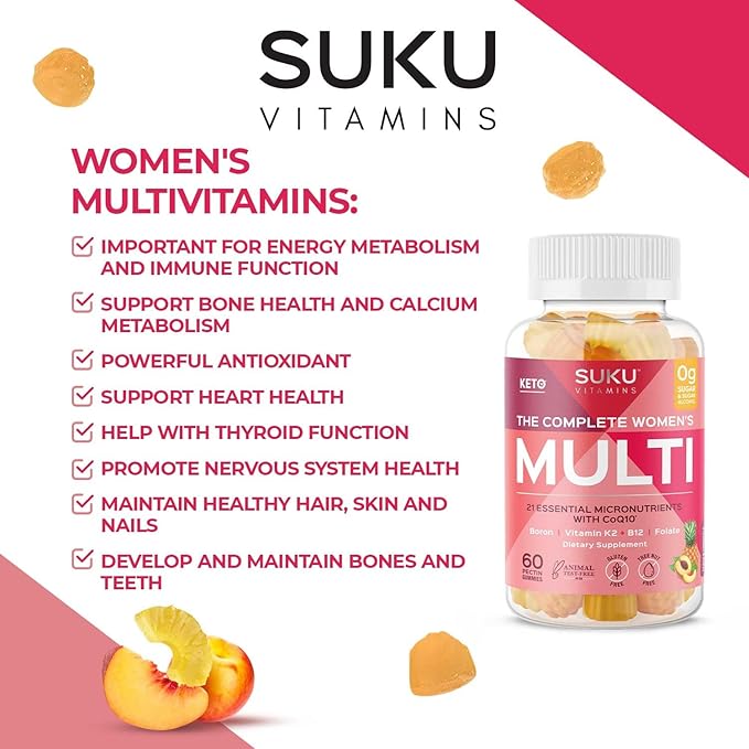 SUKU Vitamins - Complete Women's Multi - with Boron Vitamin K2 B12 A and More for Women Health - Easy to Chew - Non GMO Gluten Sugar Free - Pineapple &amp Peach Flavored Gummy Vitamins 60 Count